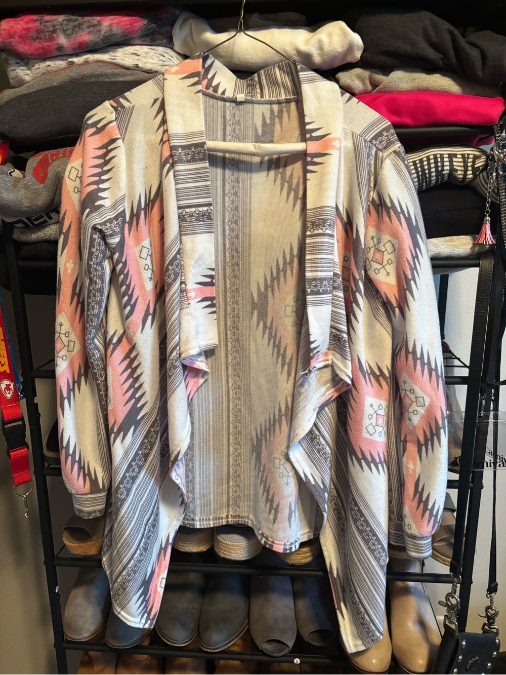 Women’s Open-Front Aztec Cardigan Jacket - Cream & Pink